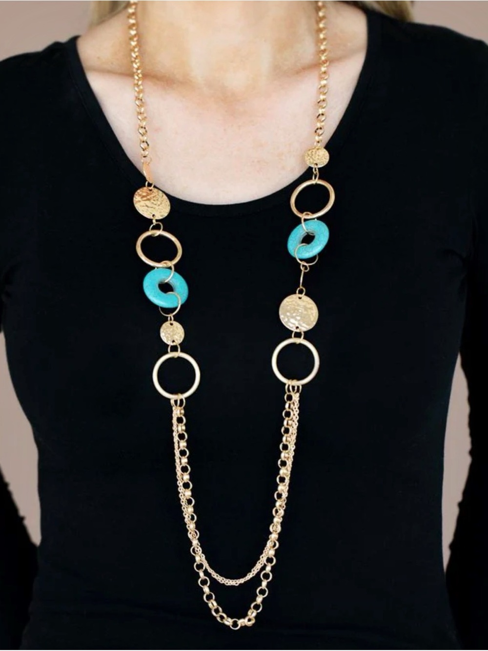 🆕Women’s Long Gold Faux Turquoise Layered Adjustable Necklace❤️❤️
